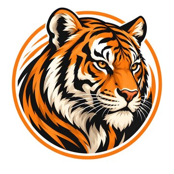 Bengal tiger head mascot emblem vector illustration featuring orange tiger face with black stripes inside circular frame