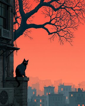 Black cat silhouette on rooftop ledge at sunset city illustration with copy space poster design
