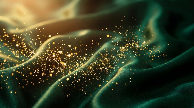 An opulent display of emerald green fabric, softly draped, adorned with a dazzling cascade of golden shimmering dust, creating a luxurious backdrop