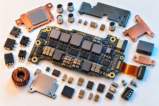 Disassembled circuit board components, electronic microchip hardware flatlay, copper heatsink and computer engineering parts