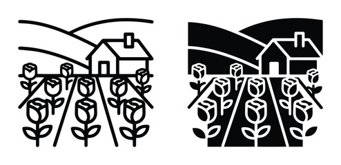 Fototapeta premium Farmhouse Garden Scene, Tulip Field, Rural Landscape, Simple Line Art and Silhouette
