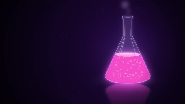 Purple chemical reaction in a laboratory flask with bubbling liquid