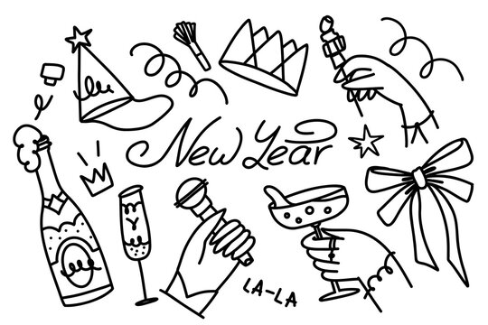 Hand drawn New Year party doodle composition with New Year lettering, champagne, party hats, gifts, bows, glasses, confetti and festive accessories for holiday cards and invitations.