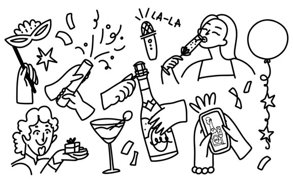 Hand drawn celebration doodle composition with champagne bottles, glasses, party poppers, balloons, gifts and festive people for holiday invitations, greeting cards and posters.