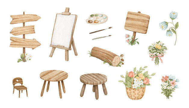 Set of watercolor design elements: tables, chair, an easel with paints and brushes, flower basket, bouquets, log and signs. Isolated decorative elements for cards, posters, print and nursery wallpaper