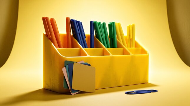 Color sorted pens in a bright yellow desk organizer