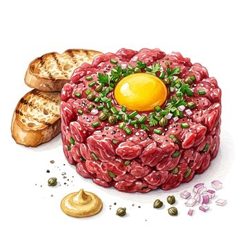Watercolor illustration of raw beef steak tartare topped with a fresh egg yolk, capers, chopped parsley, served with grilled toast slices, mustard, and diced red onion.