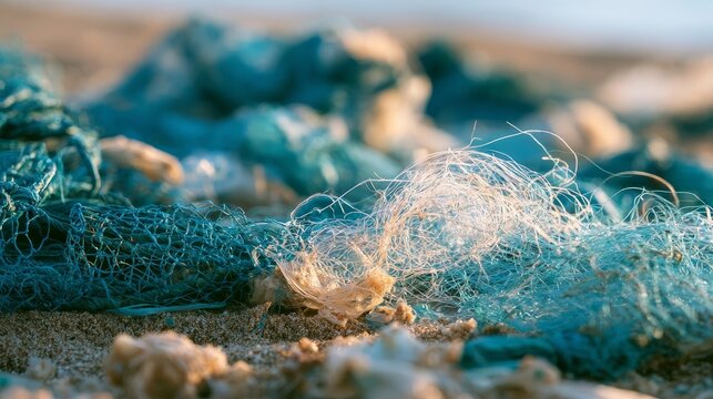 Close up view of tangled blue and white nylon fishing net discarded on a sandy beach, representing ocean pollution, marine waste, environmental damage, coastal conservation and wildlife protection