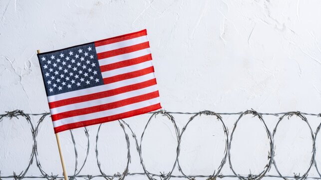 American flag on a stand behind coiled barbed wire on white background, representing border security, immigration, national identity, migration control, government policy and social issues