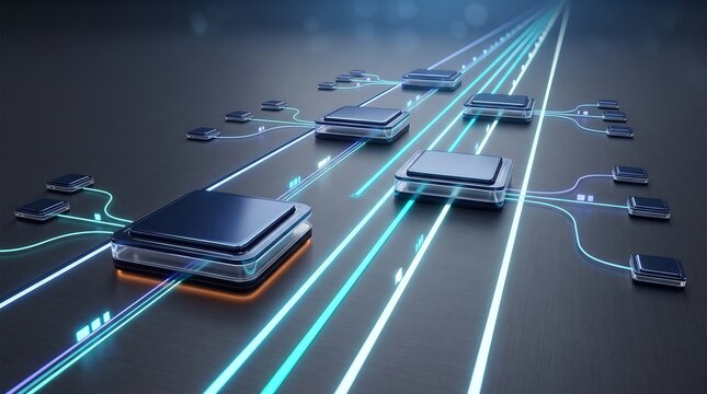 Isometric view of multiple computer processors linked by glowing neon light pathways on dark surface representing high speed data transfer and distributed computing network systems