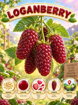 Loganberry kids flash card poster showing seed color taste shape origin labels and fruit fact cheerful 3D illustration
