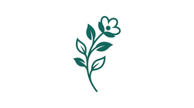A simple and elegant minimalist vector illustration of a green flower branch with leaves, isolated on a clean white background