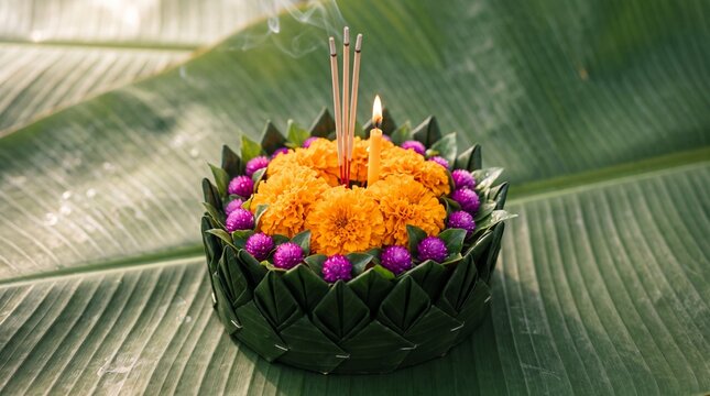 Banana leaf Krathong that have 3 incense sticks and candle decorates with flowers for Thailand full moon or Loy Krathong festival puts on green banana