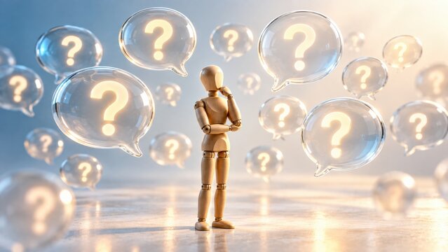 Thoughtful wooden figure with glowing question bubbles and doubt scene