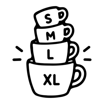 Size selection icon showing small medium large extra large coffee cup options for ecommerce product menus