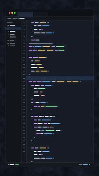 Seamless loop footage of software development code running on a dark theme monitor screen.