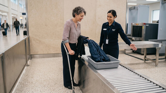Airport security assistance for a traveler using a forearm crutch