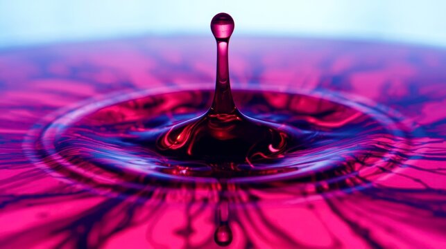 Pink water droplet splits midair