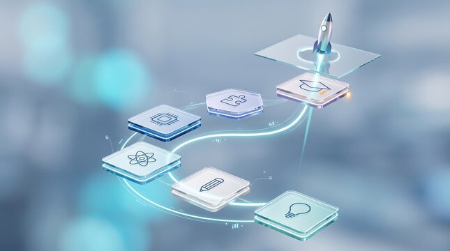 Rocket ship launching from digital platform with floating icons of lightbulb pencil atom and graduation cap symbolizing creative learning and technological startup project acceleration