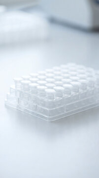 A clear empty 96-well plastic microplate, a standard laboratory consumable for biological and chemical experiments and sample processing.
