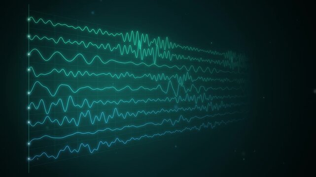 Teal EEG brain waves in perspective seamless loop on dark background