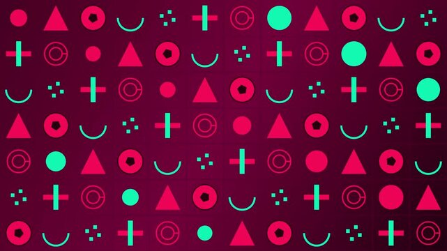 An animated dynamic grid of glowing crimson geometric shapes and spinning soccer balls. Floating smoothly with a neon pink hue against a dark maroon backdrop. Perfect for sports broadcast intros, digi