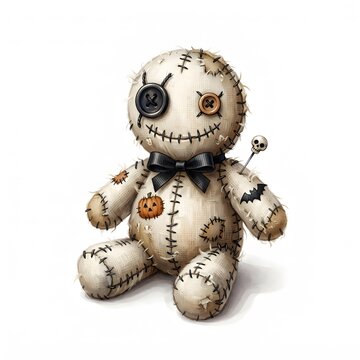 A spooky voodoo doll design suitable for a tshrit pilo others collection featuring stitched fabric textures and button eyes for a fun halloween aesthetic