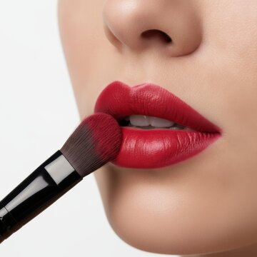 Close up of a woman applying red lipstick with a professional makeup brush, showcasing perfect lip contour and vibrant cosmetic color on smooth skin, concept of beauty enhancement and professional mak