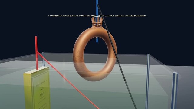 3D animation of a gold electroplating process showing a copper jewelry ring submerged in an electrolyte solution where gold ions transfer from an anode to create a permanent 24-karat metallic layer