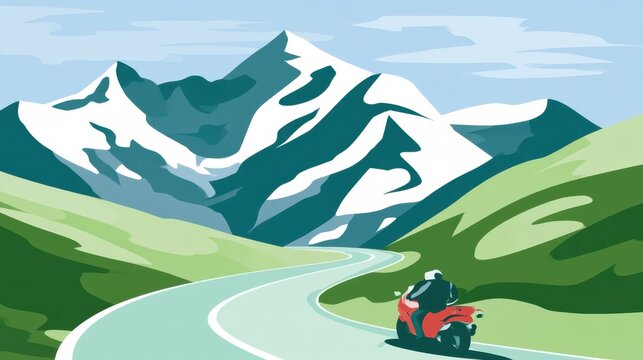 Stylized vector illustration of a motorcyclist riding on a mountain road