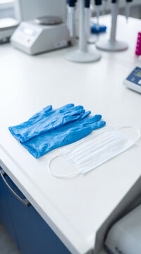 Blue disposable gloves and a white face mask rest on a clean white laboratory workbench, with lab equipment in the background.