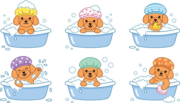 Cute Toy Poodle Dogs Bathing with Shower Caps and Soap Bubbles Vector Illustration Set in Flat Colorful Design Style for Graphic Designs
