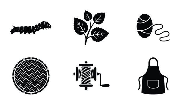 Silk Production Icons: Caterpillar, Mulberry Leaves, Silk Thread, Fabric, Reel, Apron