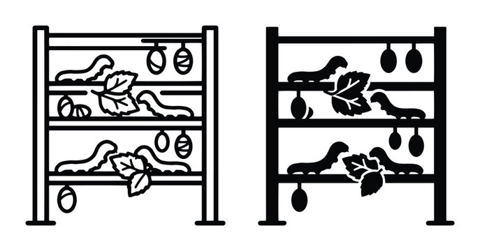 Silkworm Life Cycle Stages, Mulberry Leaves, Cocoon Formation, Vector Icons