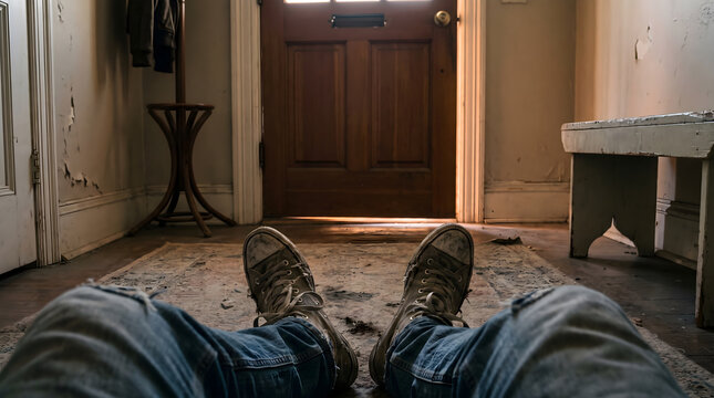 First-person view of worn sneakers on floor of rundown hallway, door ajar ahead