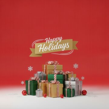 Happy Holidays greeting card with a pile of gift boxes in gold, green, and silver on a red background with snowflakes and baubles, concept of holiday generosity and festive celebration