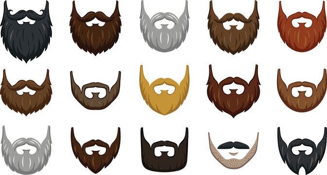 Men's Beard, Mustache, and Facial Hair Styles Vector Illustration Set in Flat Colorful Design Style for Graphic Designs