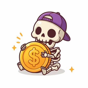 Cute skeleton wearing a cap holding a large golden dollar coin
