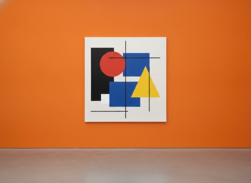 Modern geometric abstract painting with primary colors hanging on a vibrant orange gallery wall in a minimalist museum setting, concept of modernism and creative expression