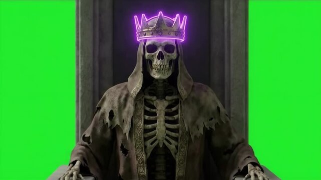 Cinematic 4K Spooky Skeleton King with Glowing Neon Purple Crown Sitting on Stone Throne Laughing Isolated on Green Screen Background
