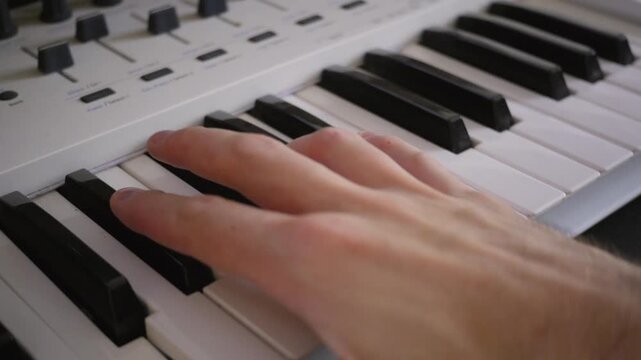 A man is playing the synthesizer with one hand in slow motion