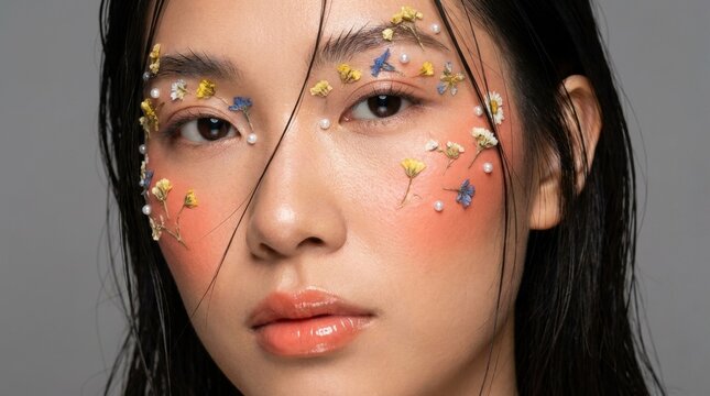 Close up portrait of a beautiful young Asian woman with creative floral makeup, dried flowers, and pearls applied to her face for a spring beauty concept, concept of natural beauty and artistic expres