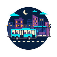 Obraz premium Creative Nighttime City Bus Scene with Illuminated Buildings and Moonlit Sky Flat Design with high quality professional line art symbols for modern creative design and digital branding projects