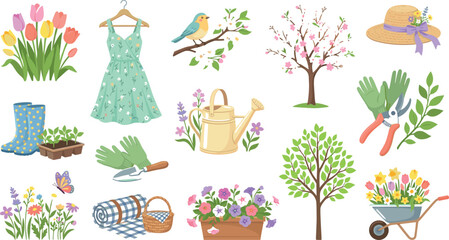 Fototapeta premium Spring Gardening Tools and Cottagecore Floral Lifestyle Vector Illustration Set