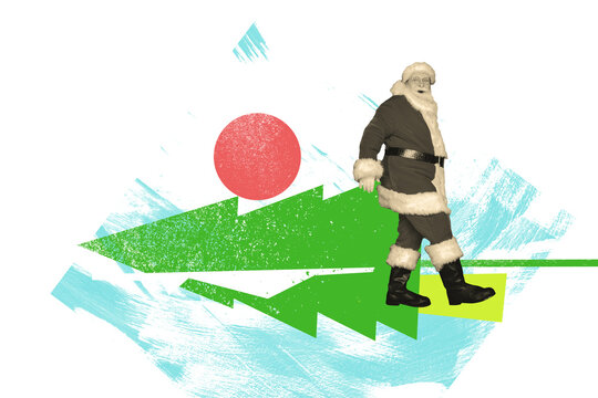 Sketch image artwork composite 3D photo collage of xmas season holiday december year aged man walk outdoors santa claus eve tree pine