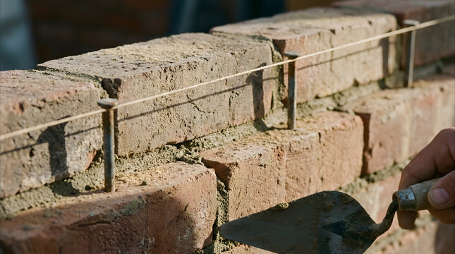 Professional bricklayer aligning red bricks with a builders string line and metal pins on a construction site. Close up of skilled mason hands holding a masonry trowel for applying mortar to house 