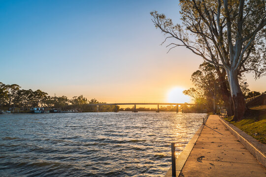 Murray River at Berri with Bookpurnong Bridge and Houseboats at Sunset, South Australia