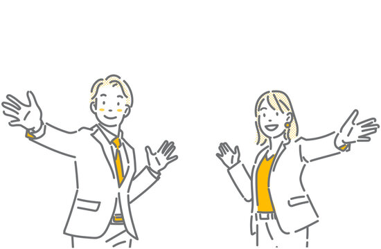 商品をおすすめする若い若い営業担当者　シンプルでお洒落な線画イラスト