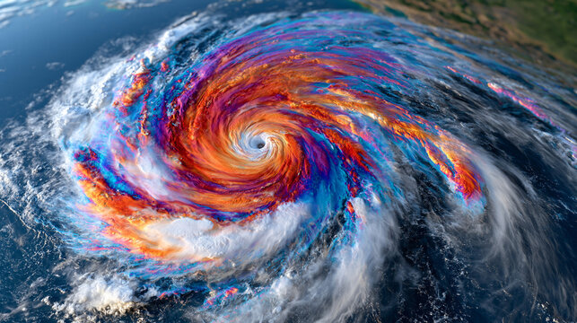 Thermal satellite image of a massive hurricane over the open ocean viewed from an extremely high altitude, enormous spiral cloud bands surrounding a clearly defined eye, infrared temperature gradien