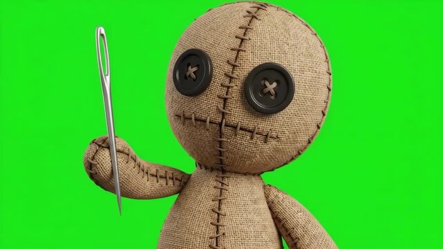 Cinematic 4K Spooky Burlap Voodoo Doll with Button Eyes Holding a Sharp Sewing Needle on a Chroma Key Green Screen Background